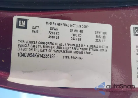 2001 Buick Park Avenue from USA, damaged, VIN 1G4CW54K614236193